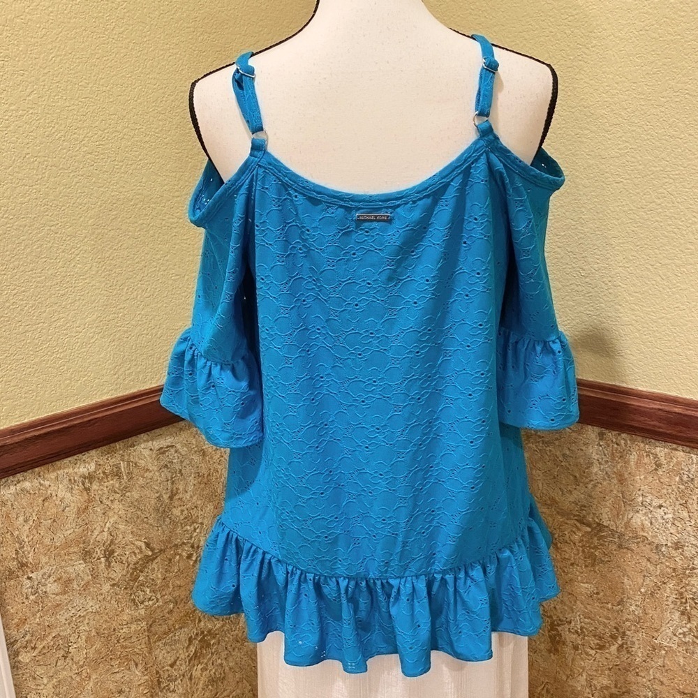 MICHAEL MICHAEL KORS Womens Blue Ruffled Elbow Sleeve Off Shoulder Top Sz Large - Picture 13 of 13
